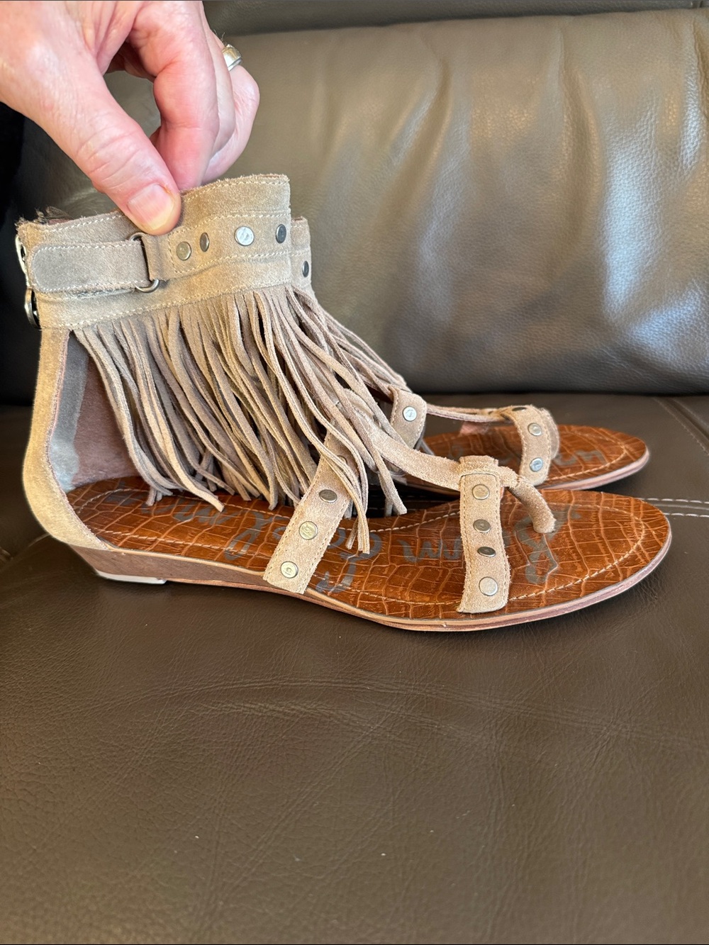 Sam Edelman Taupe Suede Fringe Gladiator Sandals